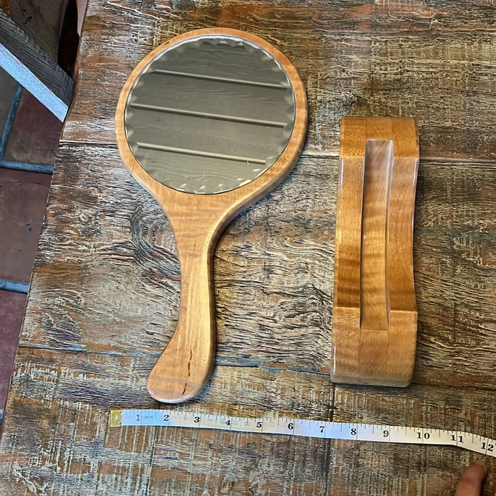 Wooden Round Long Handled Hand Mirror-Handcrafted/vintage 13”X 7”inches 🪞